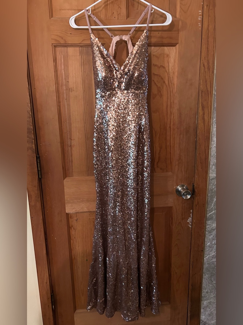 Night Way Collections Rose Gold Sequin V-Neck Prom Gown
